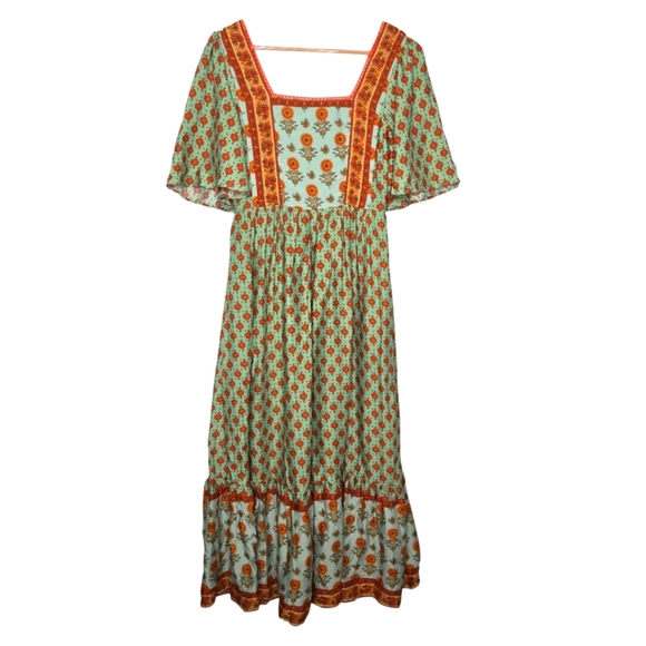 In Loom Boho Contrast Square Neck Mix Print Lace Trim Peasant Maxi Dress Medium - Picture 1 of 11